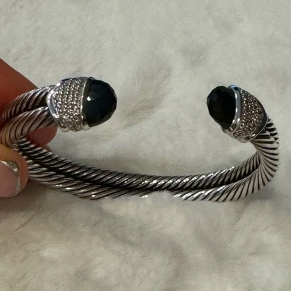 David Yurman Sterling Silver 18K Gold Double Cable Bracelet Onyx Diamonds - Picture 2 of 5